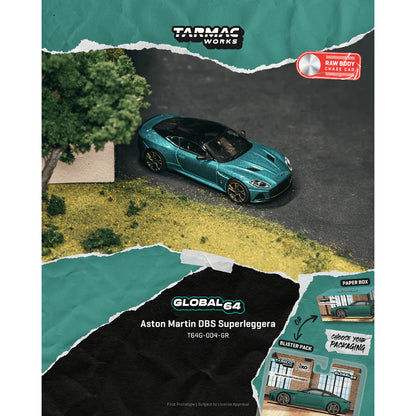 PRE-ORDER Tarmac Works Aston Martin DBS Superleggera Chance of Chase Car, 1:64 Scale (Green Metallic)