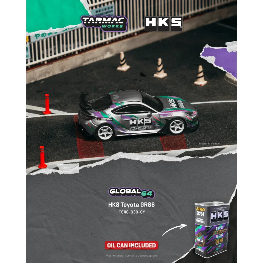 *PRE-ORDER* HKS Toyota GR86 With Metal Oil Can, 1:64 Scale (Grey) collectible diecast model at Poketwheels