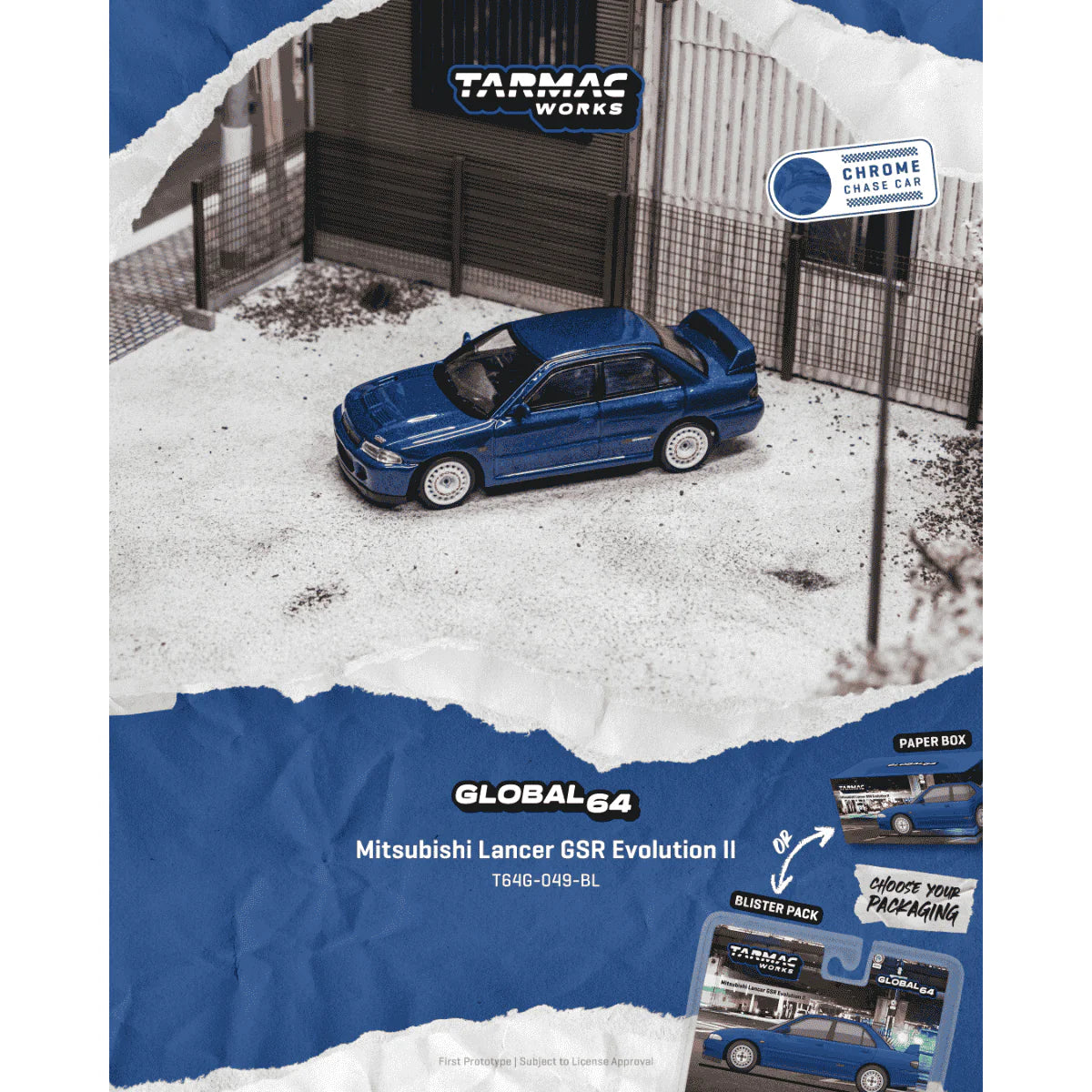 PRE-ORDER Tarmac Works Mitsubishi Lancer GSR Evolution II Chance of Chase Car, 1:64 Scale (Blue)