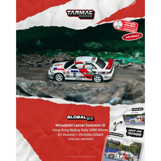 *PRE-ORDER* Mitsubishi Lancer Evolution III Hong Kong Beijing Rally Winner Ari Vatanen / Christian Gilbert (Chance of Chase Car) 1996, 1:64 Scale collectible diecast model at Poketwheels