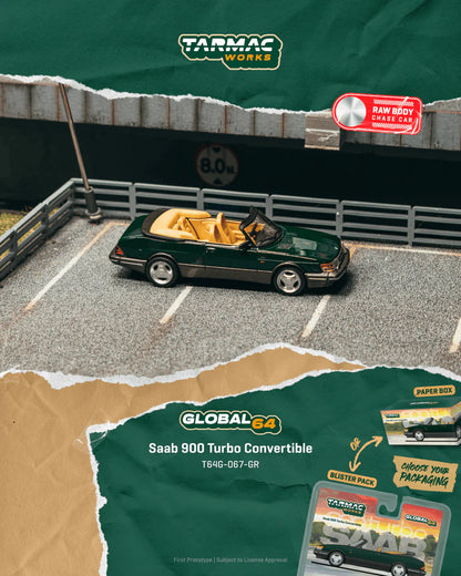 PRE-ORDER Tarmac Works Saab 900 Turbo Convertible Chance of Chase Car, 1:64 Scale (Green)
