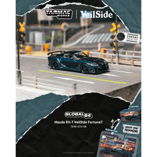 PRE-ORDER Tarmac Works Mazda RX-7 VeilSide Fortune7 Chance of Chase Car, 1:64 Scale (Dark Blue / Black)