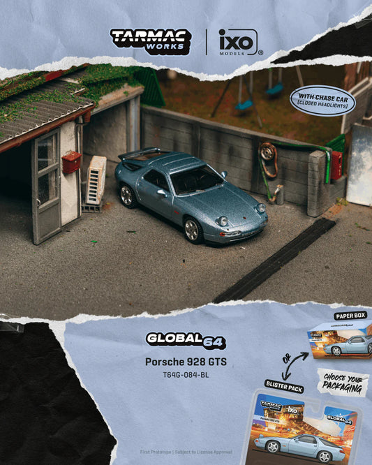 PRE-ORDER Tarmac Works x iXO Models Porsche 928 GTS Chance of Chase Car with Closed Head-Light (Blister Pack), 1:64 Scale (Blue Metallic)