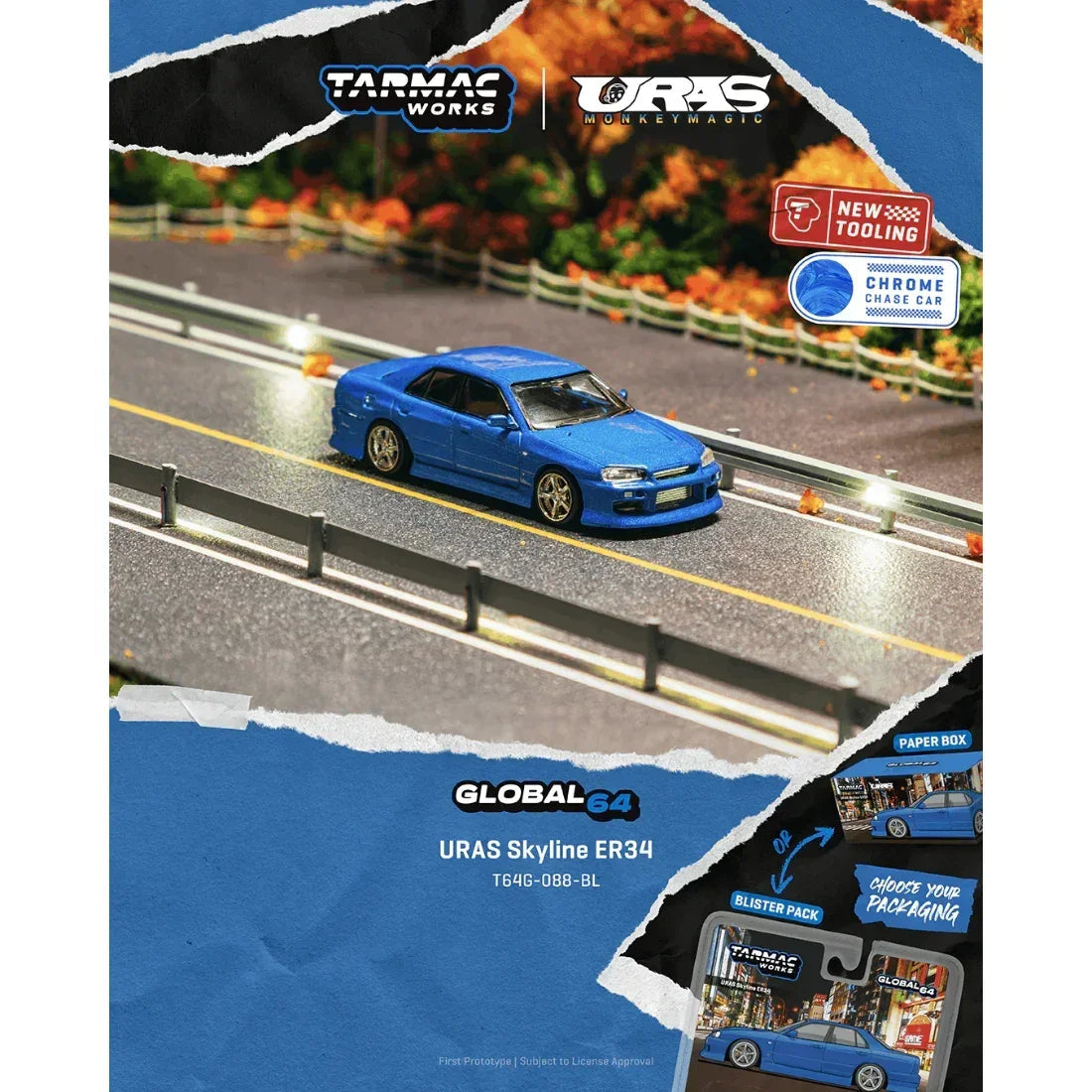 *PRE-ORDER* URAS Skyline ER34 Chance of Chase Car, 1:64 Scale (Blue) collectible diecast model at Poketwheels