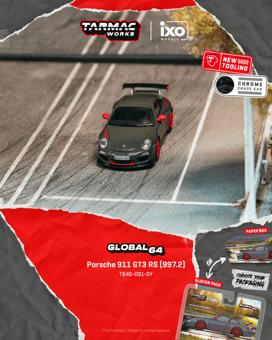 PRE-ORDER Tarmac Works x iXO Models Porsche 911 GT3 RS (997.2) Chance of Chase Car (Blister Pack), 1:64 Scale (Grey)