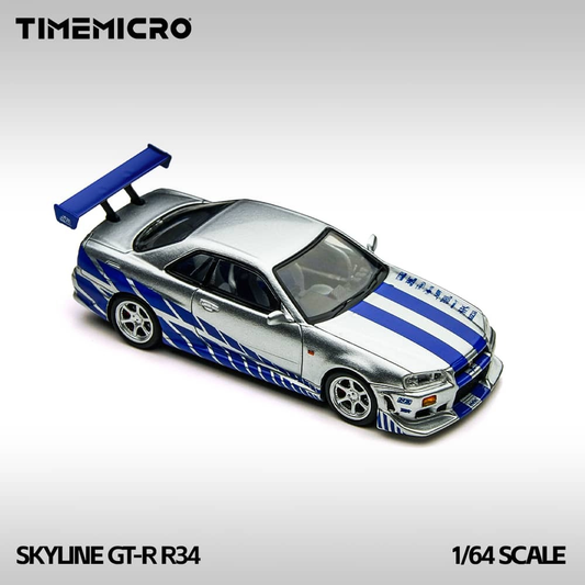 Premium scale diecast model car  – Nissan Skyline GT-R R34 FNF, 1:64 Scale (Silver/ Blue) Collectible