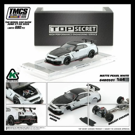 *TMCS 2026* Top Secret 35GT-R White Pearl Matte with Carbon Bonnet, 1:64 Scale collectible diecast model at Poketwheels