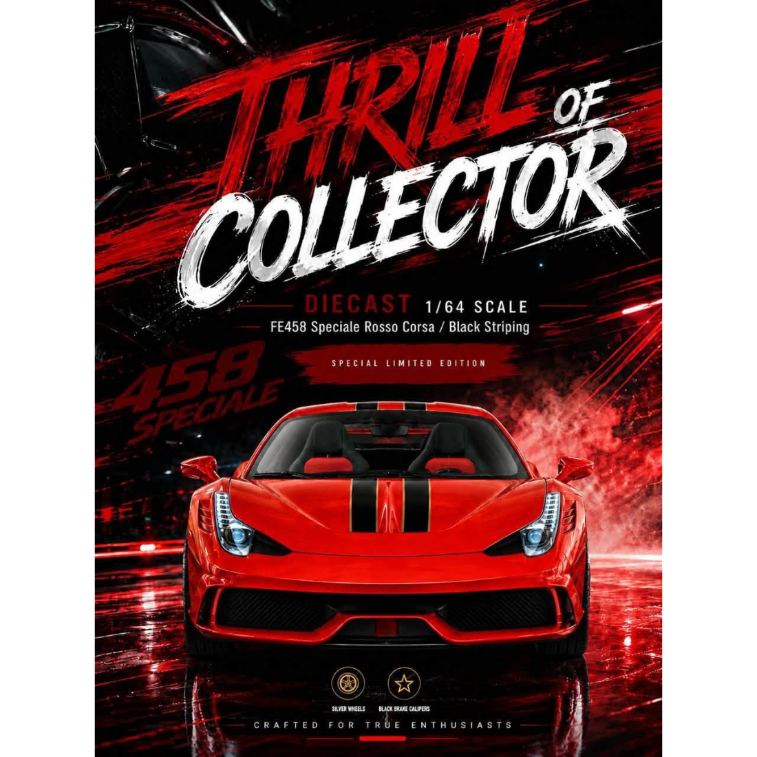 *PRE-ORDER*Ferrari 458 Speciale (TC-D-FE458SP) Rosso Corsa with Black Stripe (Limited to 500pcs), 1:64 Scale collectible diecast model at Poketwheels