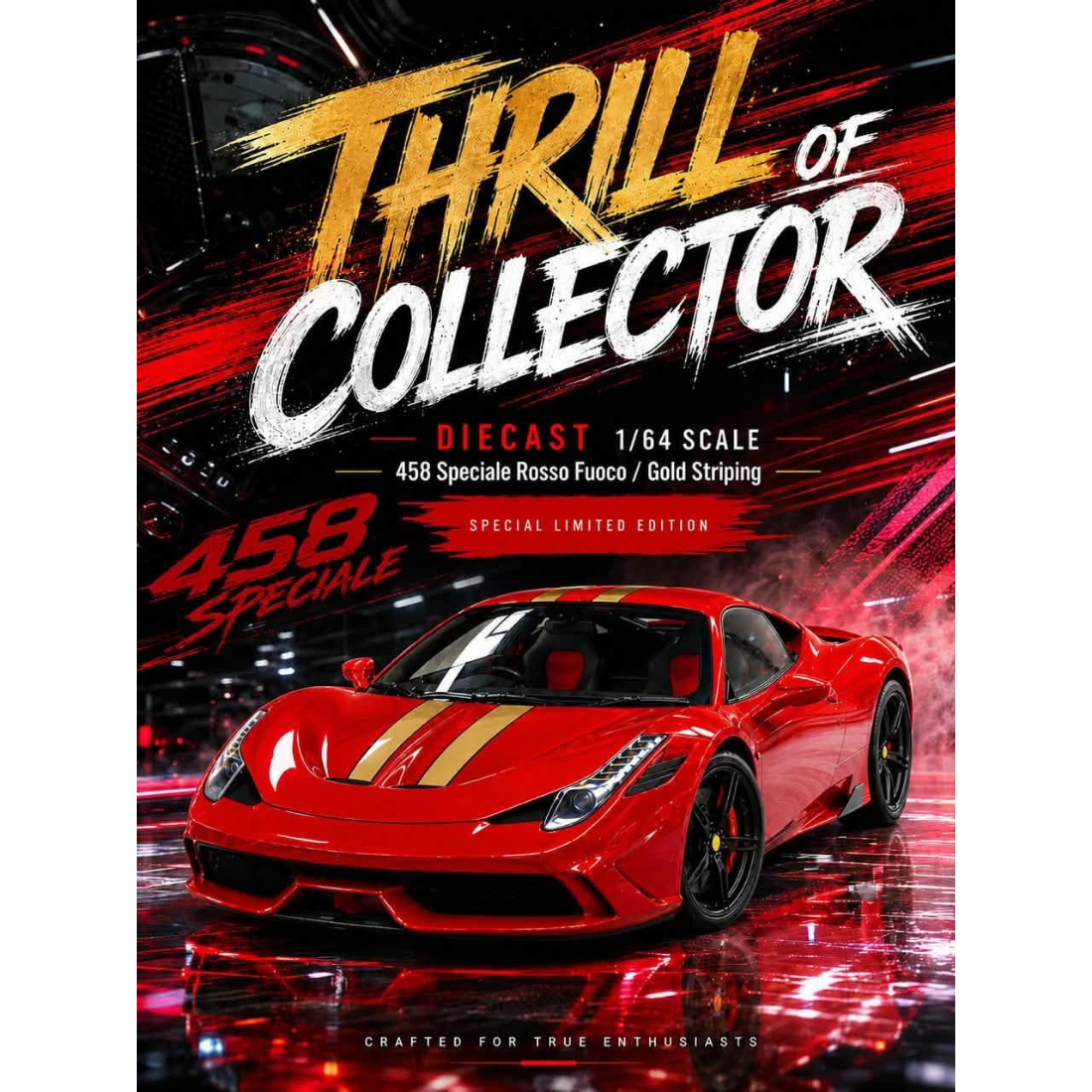 *PRE-ORDER* Ferrari 458 Speciale (TC-D-FE458SP) Rosso Fuoco with Gold Stripe (Limited to 500pcs), 1:64 Scale collectible diecast model at Poketwheels