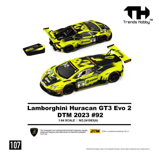 Premium scale diecast model car  – *PRE-ORDER* Lamborghini Huracan GT3 Evo 2-DTM 2023 #92, 1:64 Scale (Fluorescent Green) Collectible