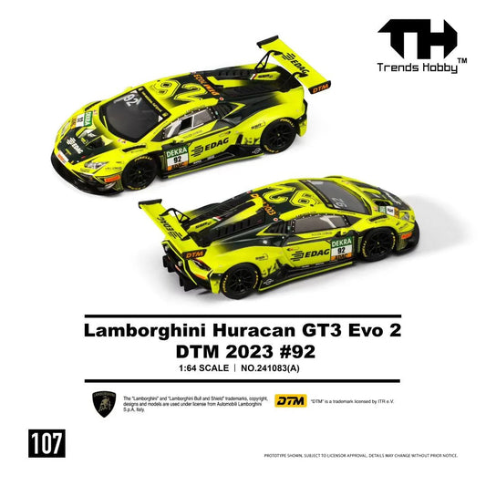 Premium scale diecast model car  – *PRE-ORDER* Lamborghini Huracan GT3 Evo 2-DTM 2023 #92, 1:64 Scale (Fluorescent Green) Collectible