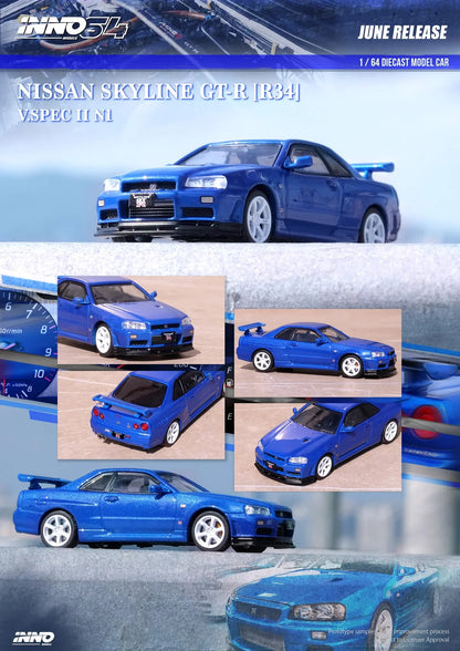 INNO64 Nissan Skyline GT-R R34 V-Spec II N1 Blue 1:64 Scale Diecast Model (Pre-Order)