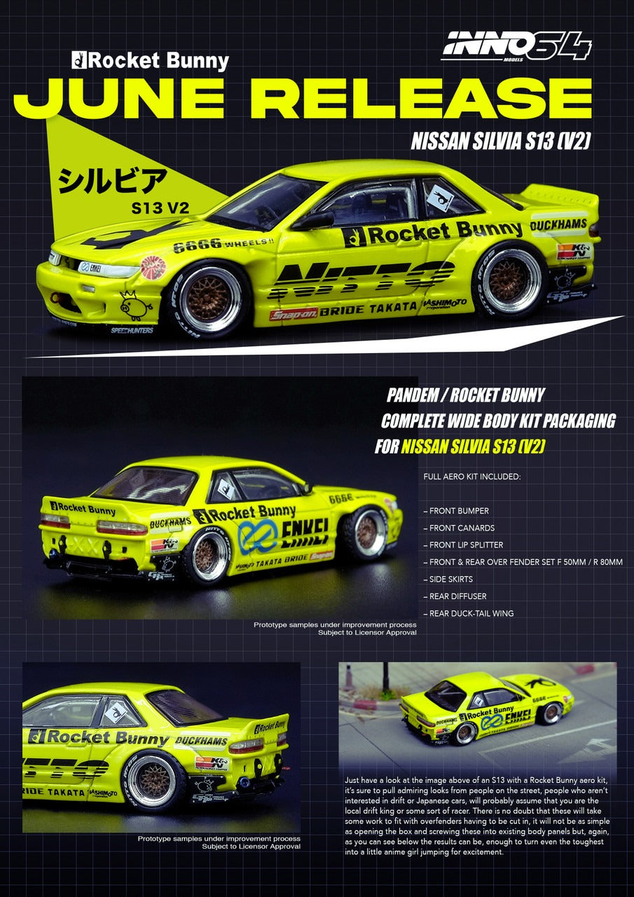 INNO64 Nissan Silvia S13 V2 Pandem Rocket Bunny Light Yellow 1:64 Scale Diecast Model Car (Pre-Order)