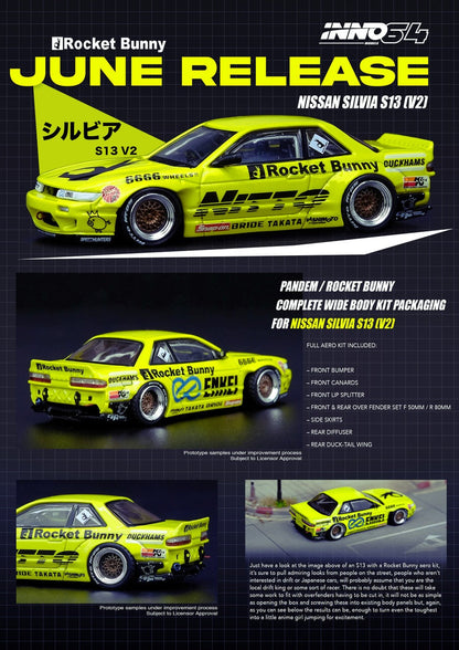 INNO64 Nissan Silvia S13 V2 Pandem Rocket Bunny Light Yellow 1:64 Scale Diecast Model Car (Pre-Order)