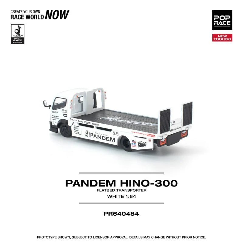 POPRACE Pandem Fuso 300 Flatbed Transporter New Tooling White 1:64 Scale Diecast Model (Pre-Order)