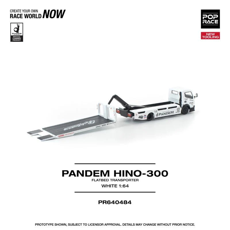 POPRACE Pandem Fuso 300 Flatbed Transporter New Tooling White 1:64 Scale Diecast Model (Pre-Order)