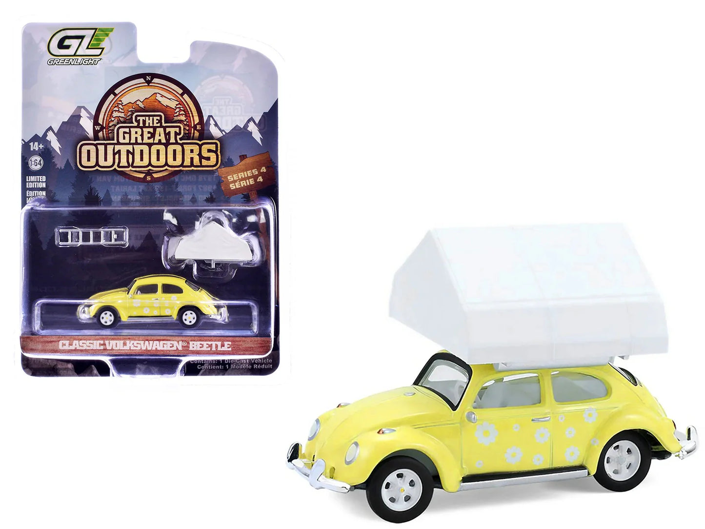 GreenLight Classic Volkswagen Beetle Great Outdoors Edition Yellow 1:64 Scale Diecast Model