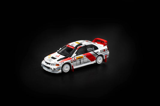 Premium scale model car for display – *PRE-ORDER* Mitsubishi Lance Evolution IV Safari Rally Kenya 1998, 1:64 Scale (White) Collectible